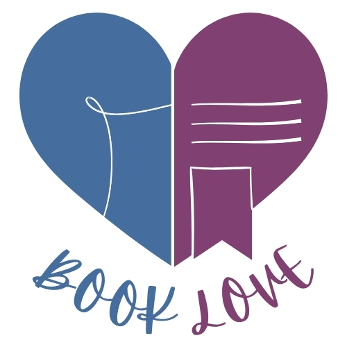 Graphic of a heart split in blue and purple, featuring a book, bookmark, and the words "Book Love" in playful typography.