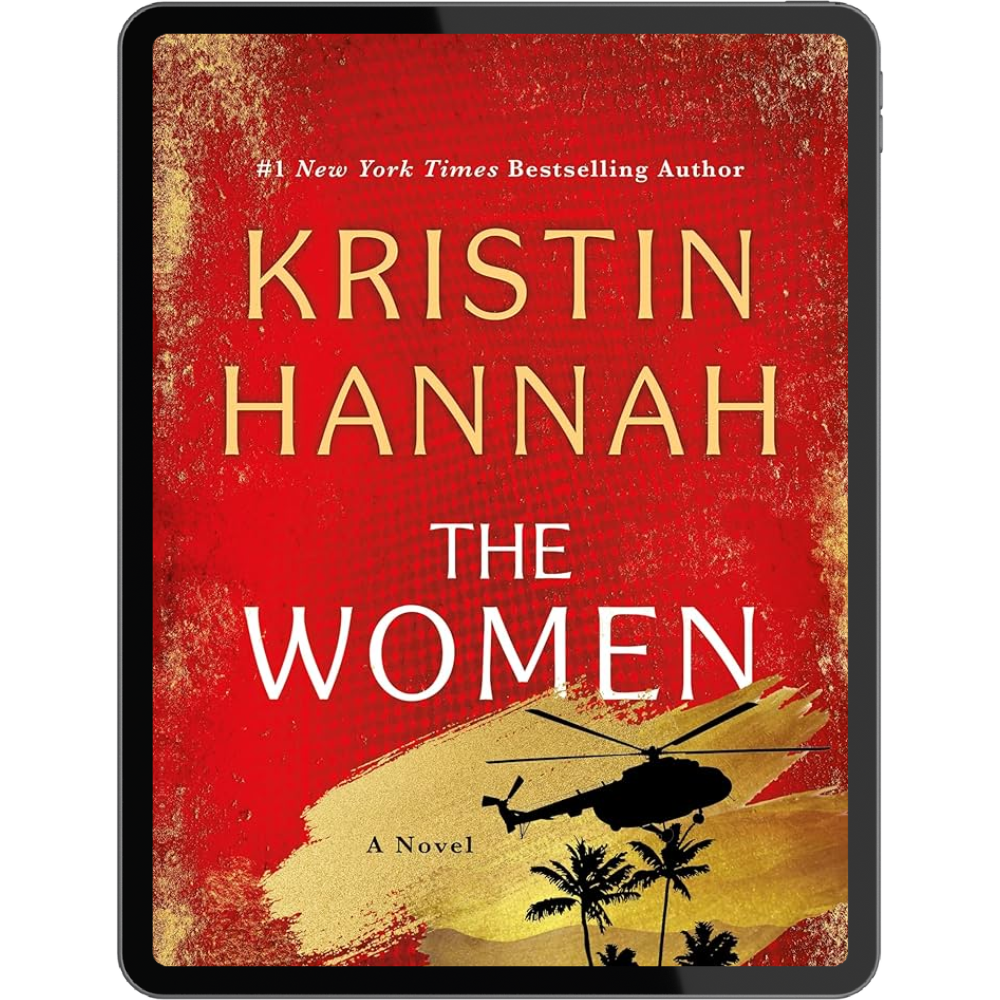 Red book cover of "The Women" by Kristin Hannah. Features a silhouette of a helicopter and palm trees with a gold background accent. Title and author's name in large yellow text.